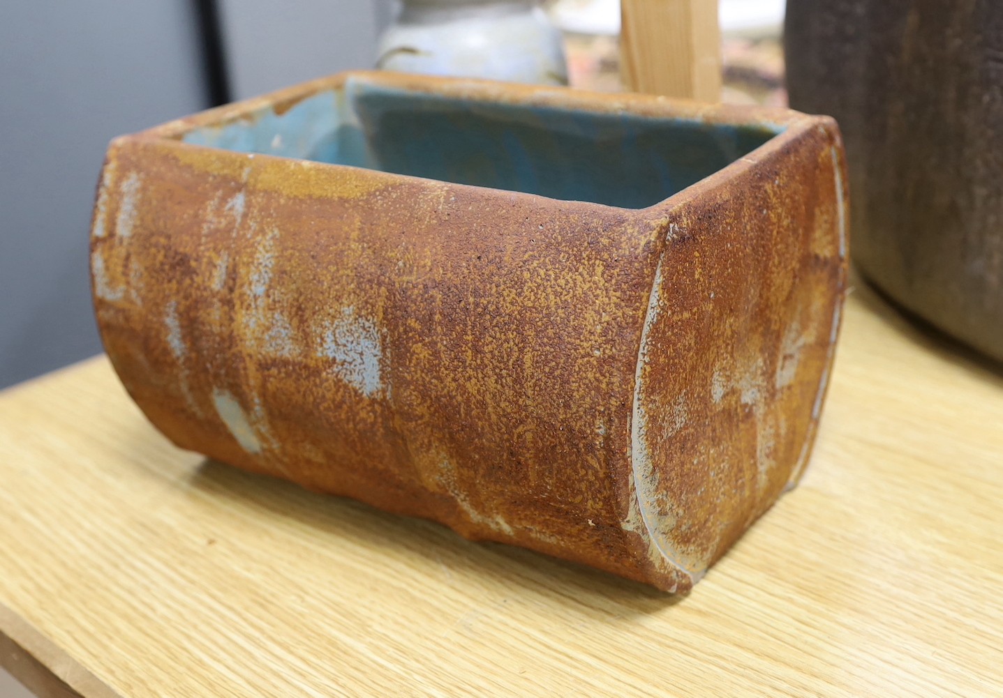 Two Japanese studio pottery vases and a stoneware trough widest vase 35cms